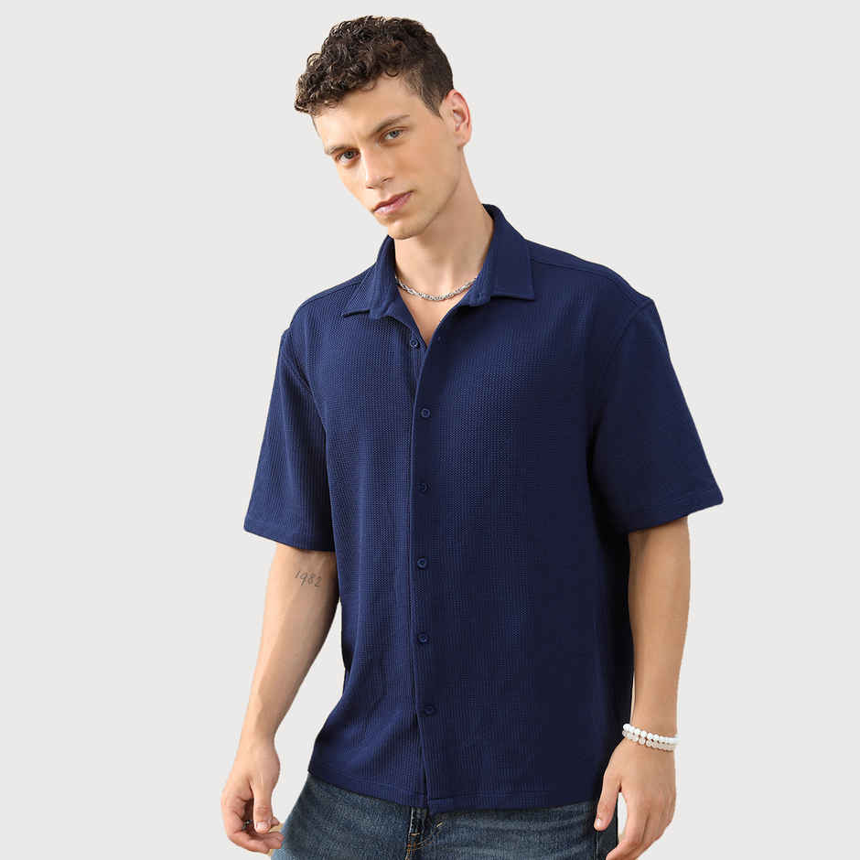 HIGHLANDER Men's Oversized Spread Collar Casual Shirt | Navy Blue - XL