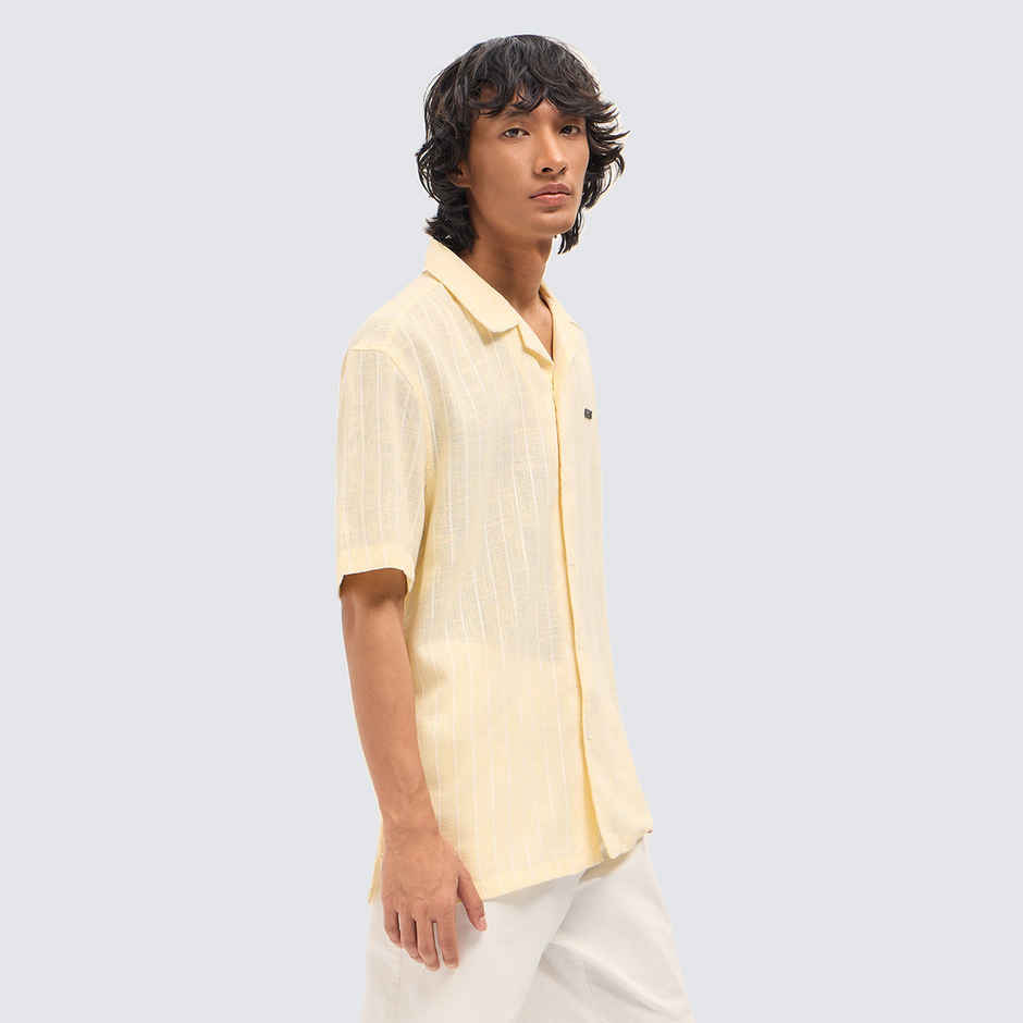 The Bear House Men's Vertical Textured Stripe Relaxed Fit Half Sleeve Casual Shirt |Light Yellow-S