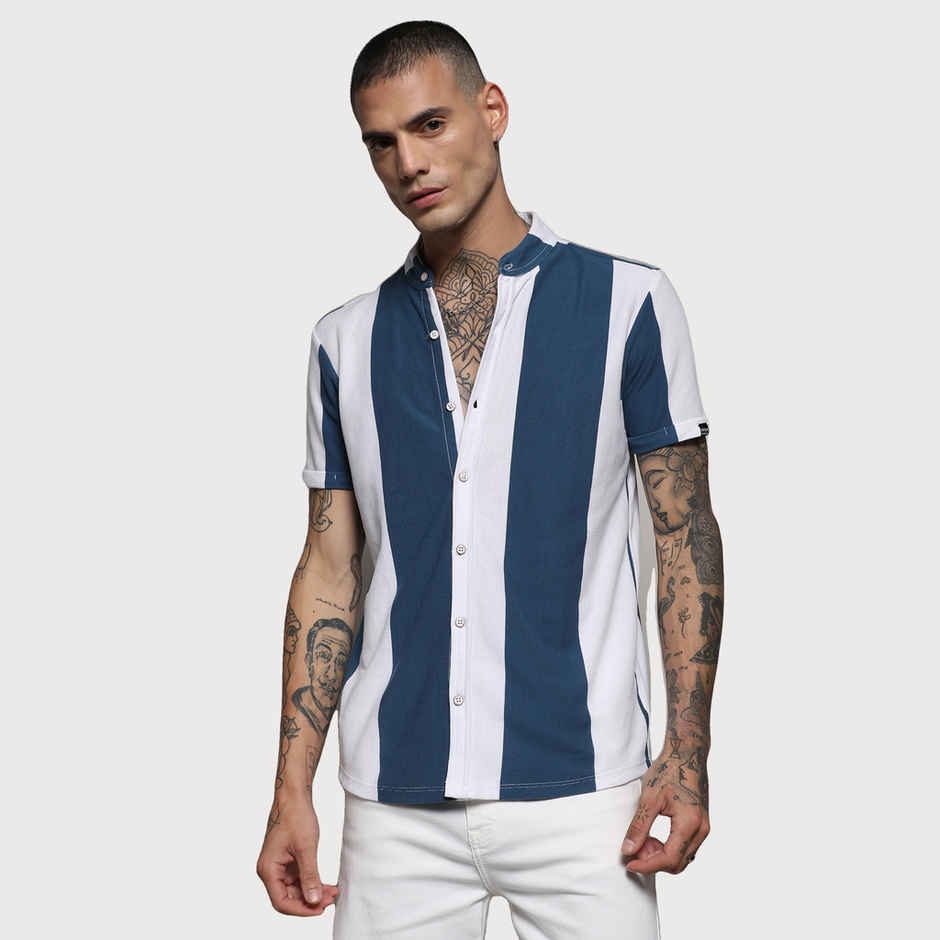 Campus Sutra Men's Striped Cotton Shirt | Blue | L