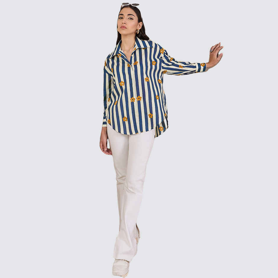 Uptownie Women's Printed Asymmetrical Cotton Shirt | Navy Blue - XL