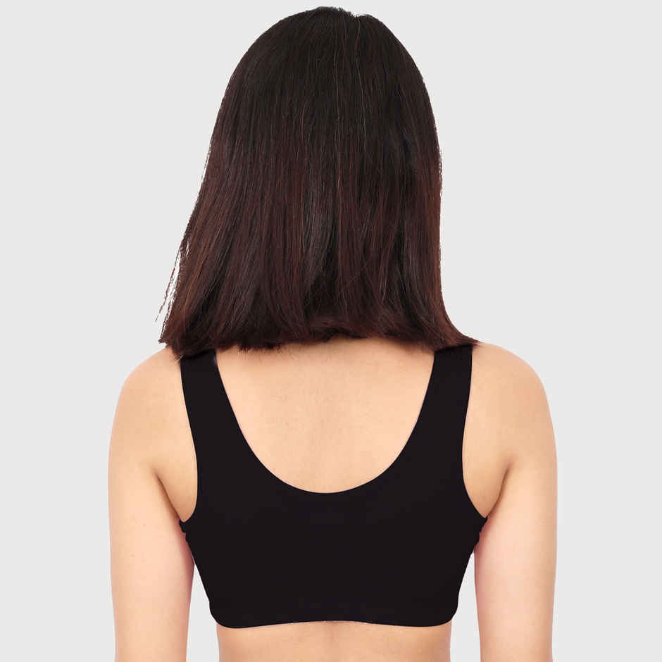 D'Chica Double-Layer Broad Strap Cotton Sports Bra | Non Padded Bra For Women's | Black | L