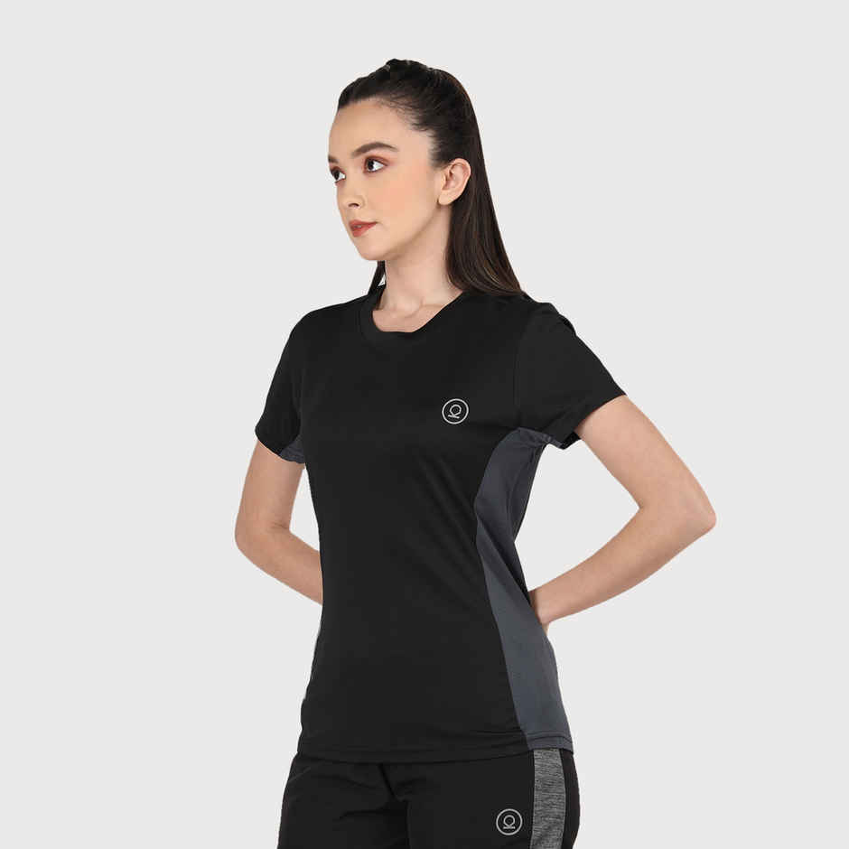 Chkokko Women's Round Neck Dry Fit Gym Sports T-shirt | Black - L