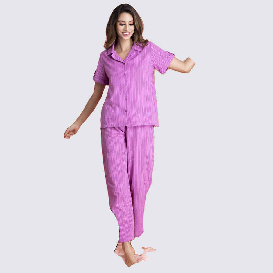 Clovia Sassy Stripes Button Down Shirt & Pyjama - Cotton | Purple | M
