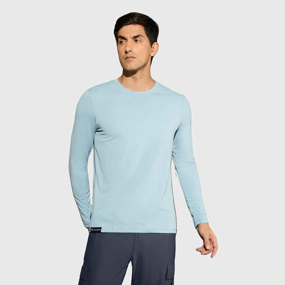 Technosport Men's Poly Solid Slim Fit Round Neck Full Sleeve Sports T-shirt | Smoke Blue - L