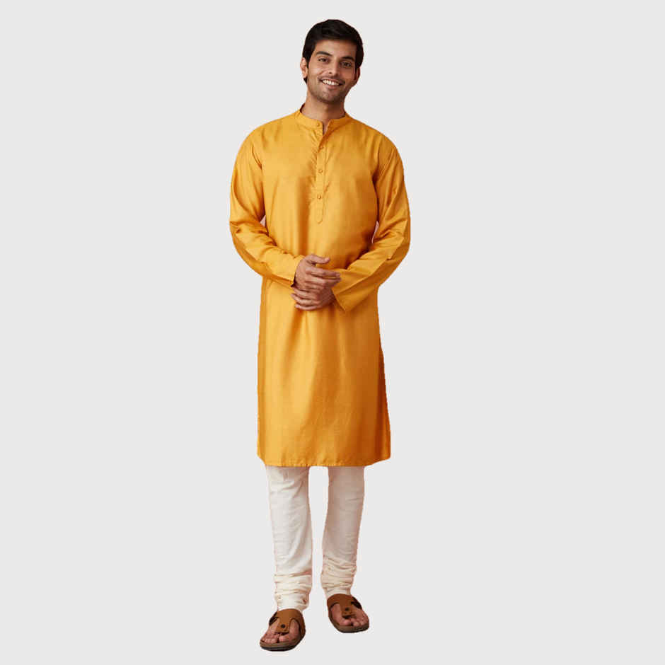 Fabindia Men's Long Kurta Comfort Fit | Yellow - L