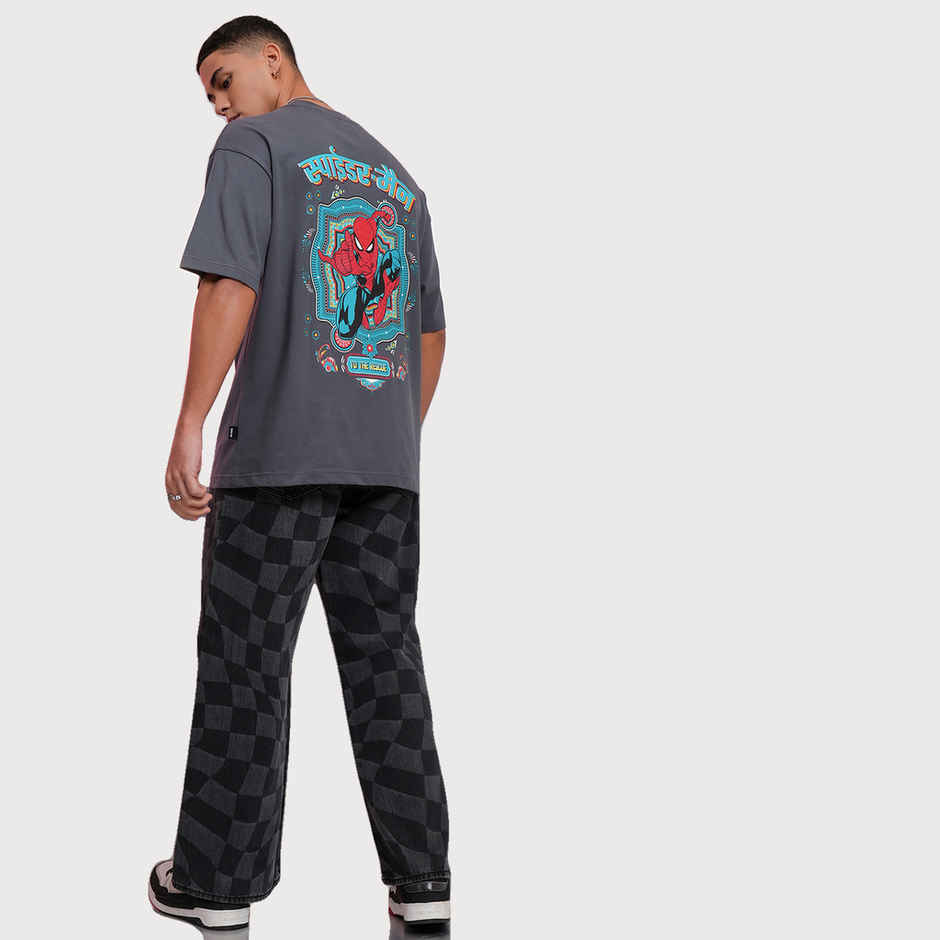 Highlander Men's Marvel Spider-Man Printed Oversized Round Neck Drop Shoulder T-shirt | Grey - M