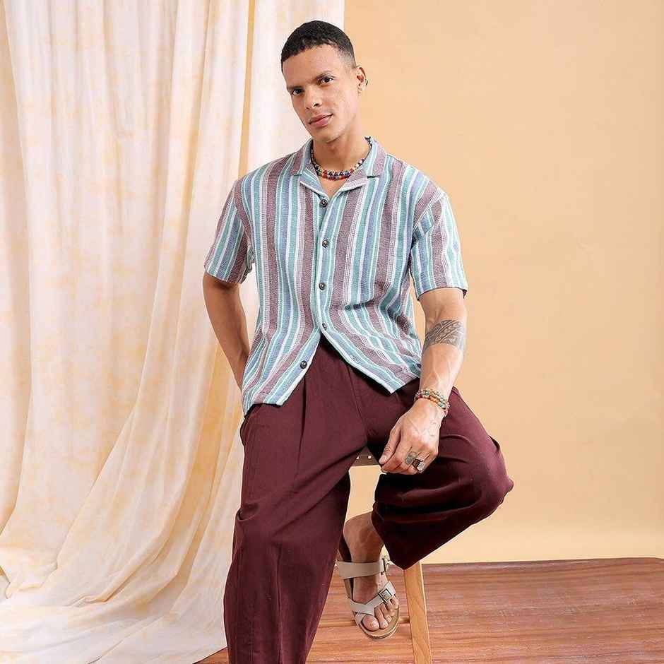 The Indian Garage Co Men's Relaxed Fit Striped Resort Half Sleeve Shirt | Maroon - M