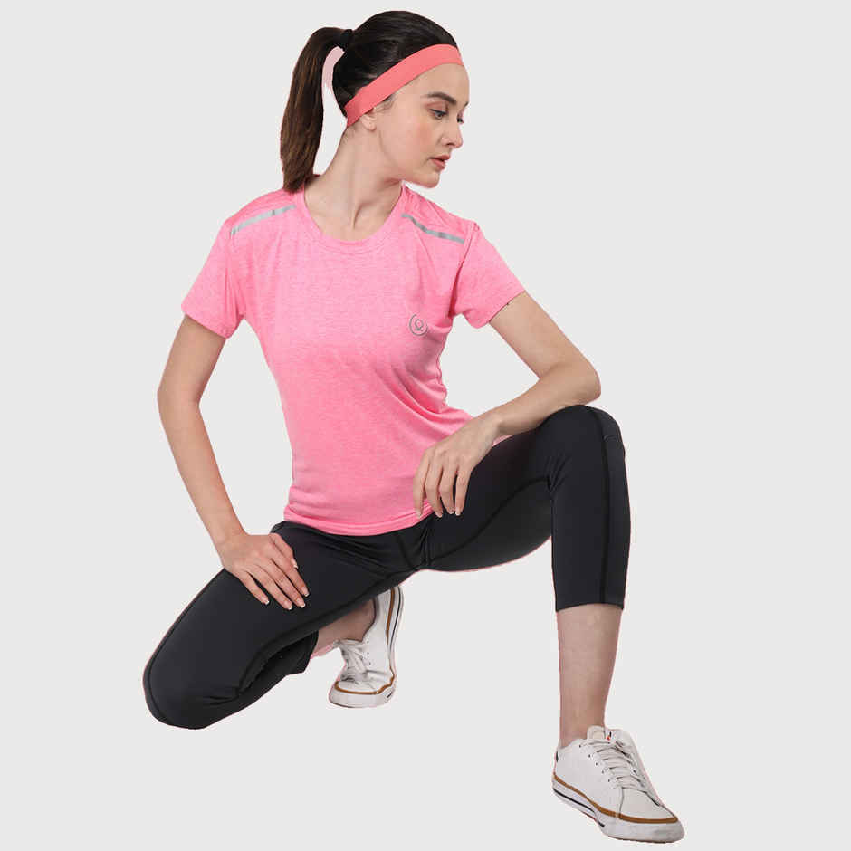 Chkokko Women's Round Neck Dry Fit Gym Sports Regular Fit T-shirt | Spacedye Pink - S