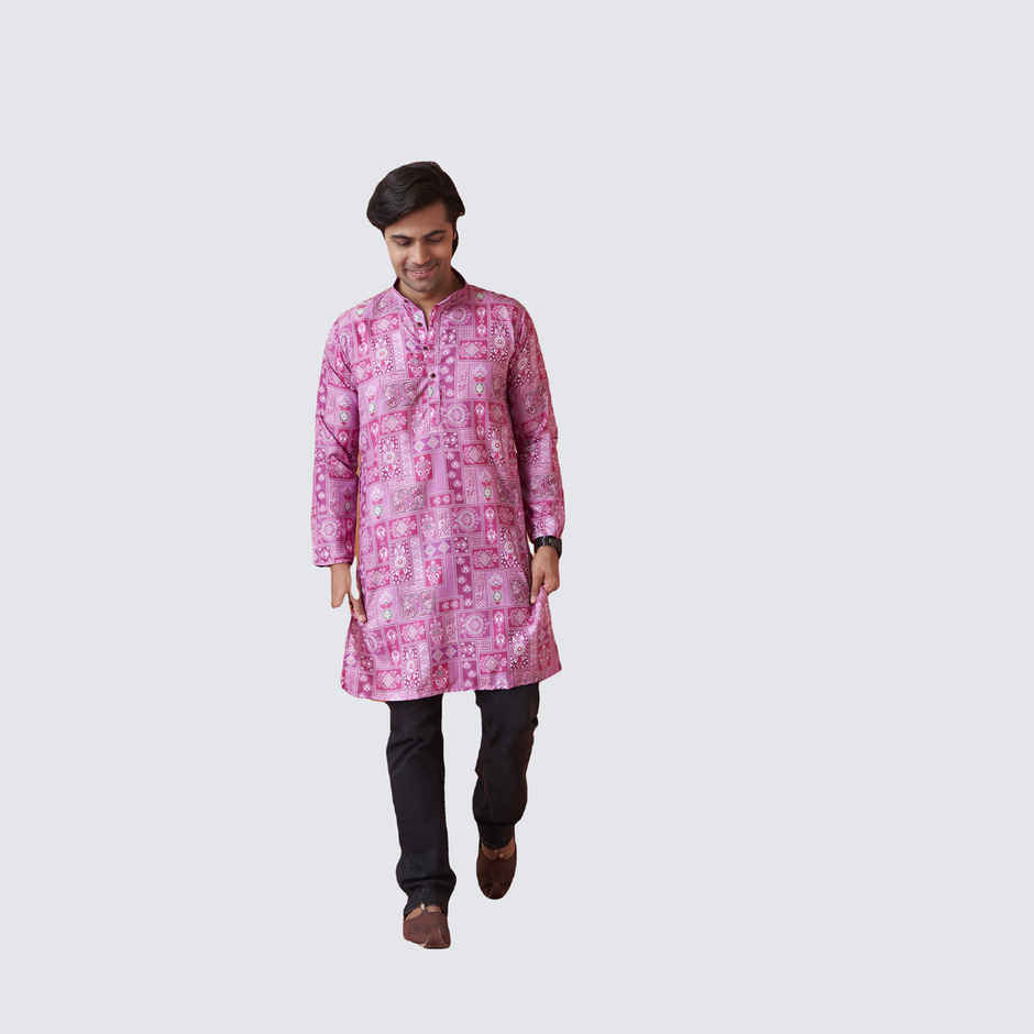 House Of Festivals Men's Printed Cotton Blend Long Kurta | Purple - S
