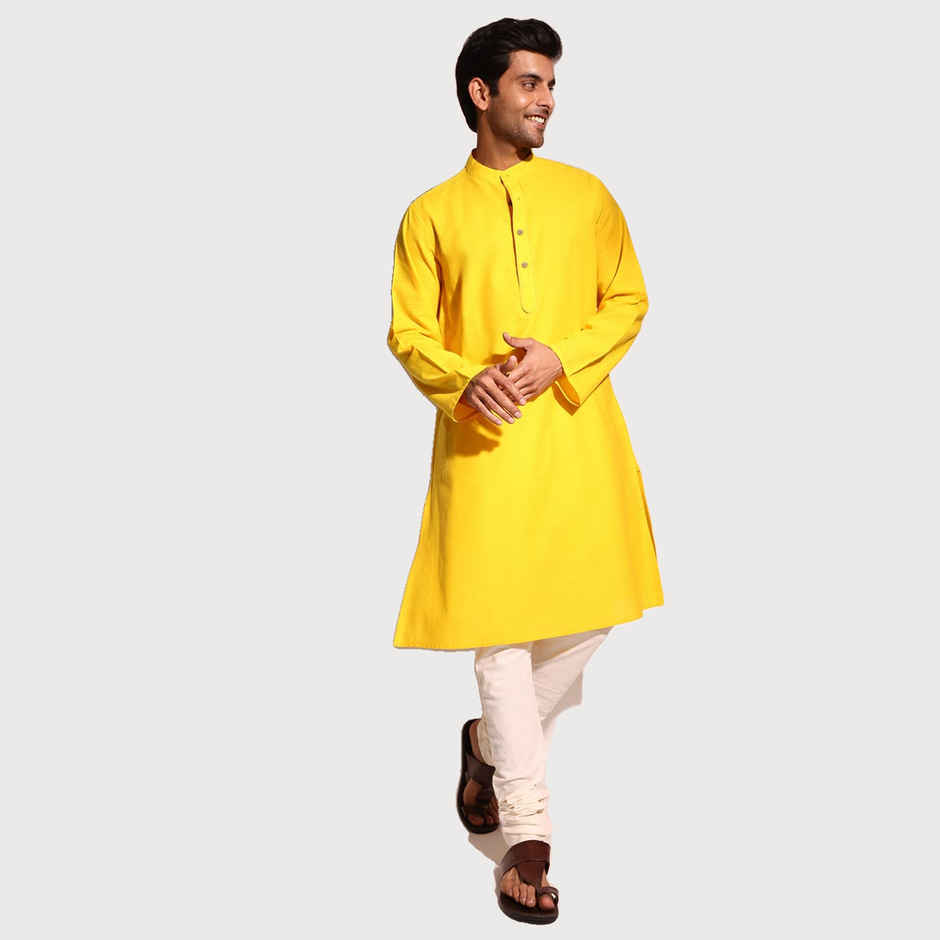 Fabindia Men's Long Kurta Comfort Fit | Yellow - XS