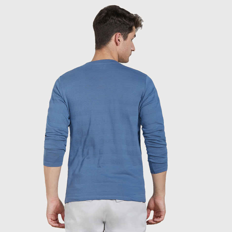 Dennis Lingo Men's Textured Henley Neck Cotton Regular Fit T-shirt | Mid Blue | L