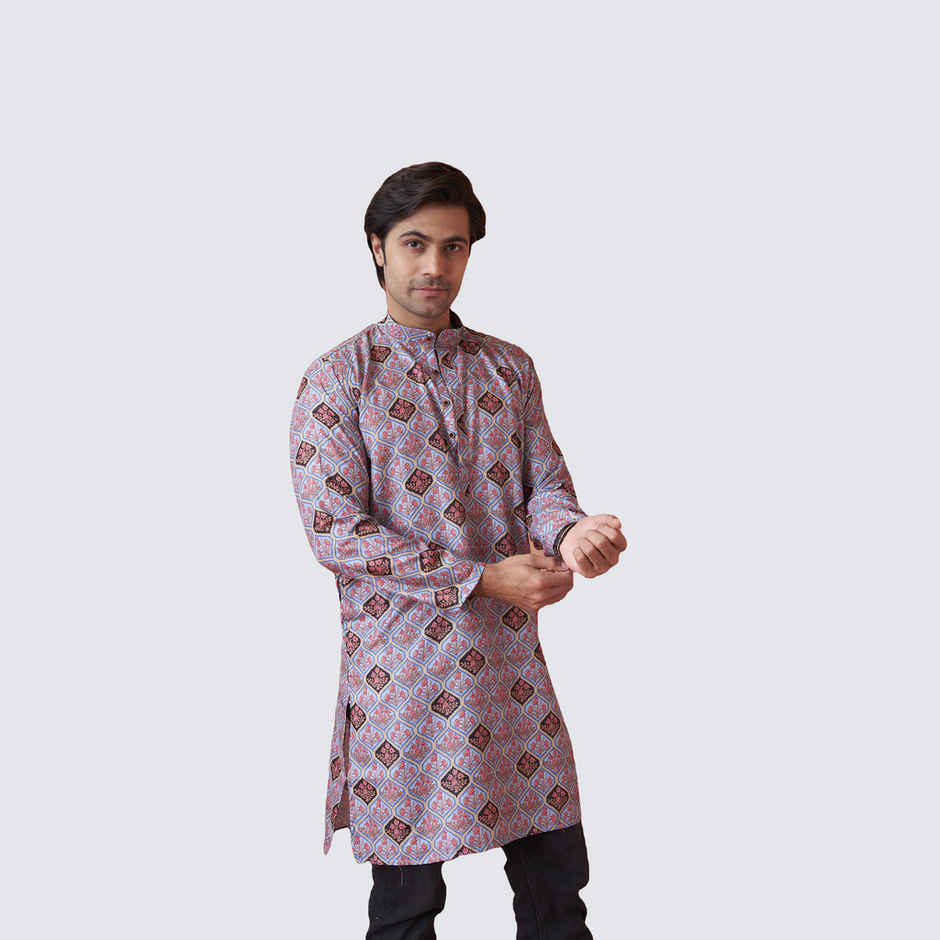 House Of Festivals Men's Printed Cotton Blend Long Kurta | Light Blue - S