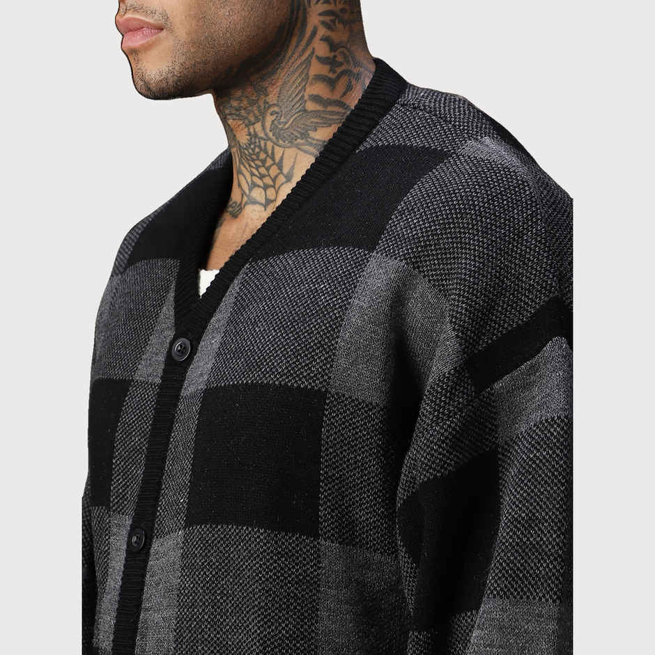 High Star Men's Checked Oversized Fit Cardigan Sweater | Grey - XL