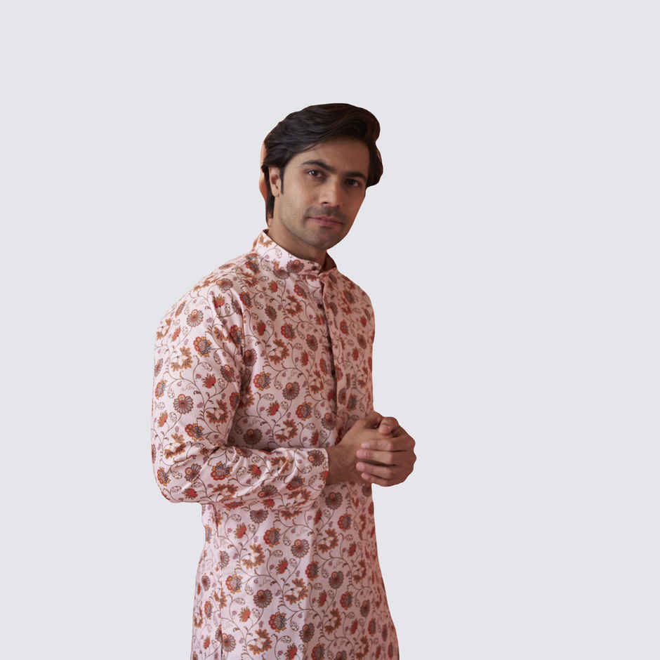 House Of Festivals Men's Printed Cotton Blend Long Kurta | Cream - L