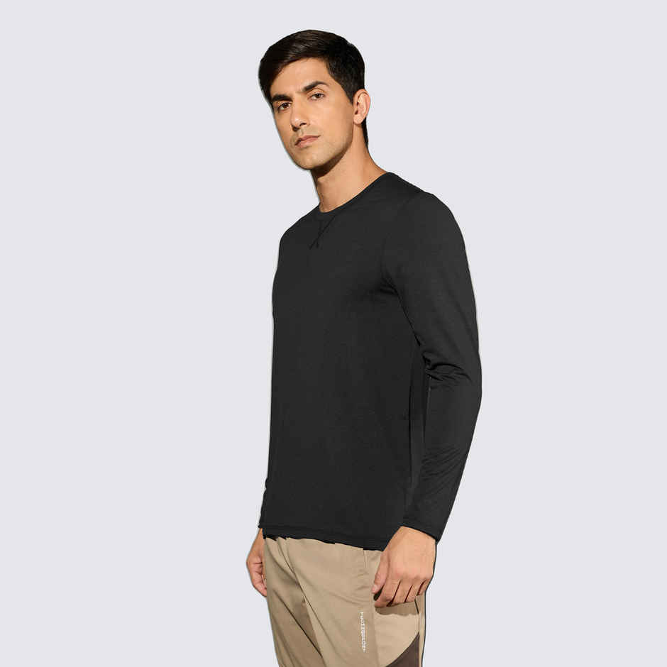 Technosport Men's Poly Solid Slim Fit Round Neck Full Sleeve Sports T-shirt | Black - S