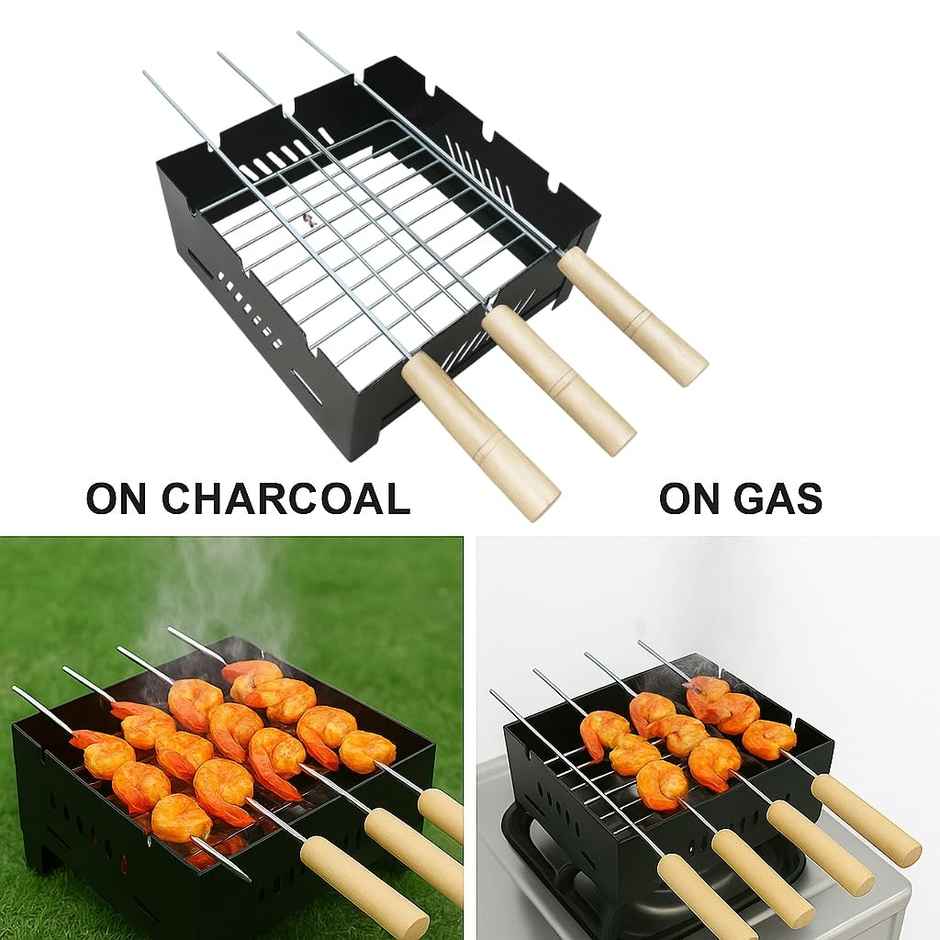Chefman Portable Charcoal & Gas BBQ Grill | 2-in-1 Outdoor Grill with 3 Skewers
