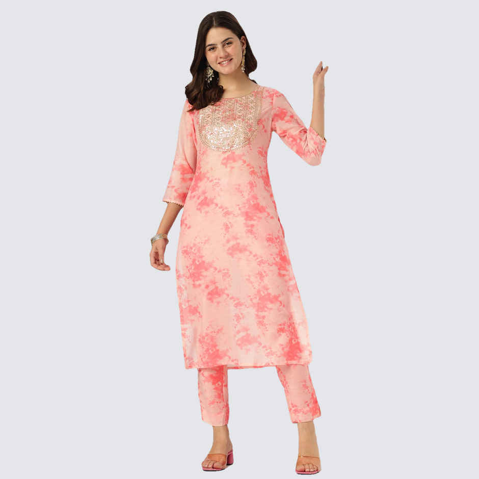 Janasya Women's Silk Blend Tie & Dye Yoke Embroidered Straight Kurta Pant Set | Peach - XL