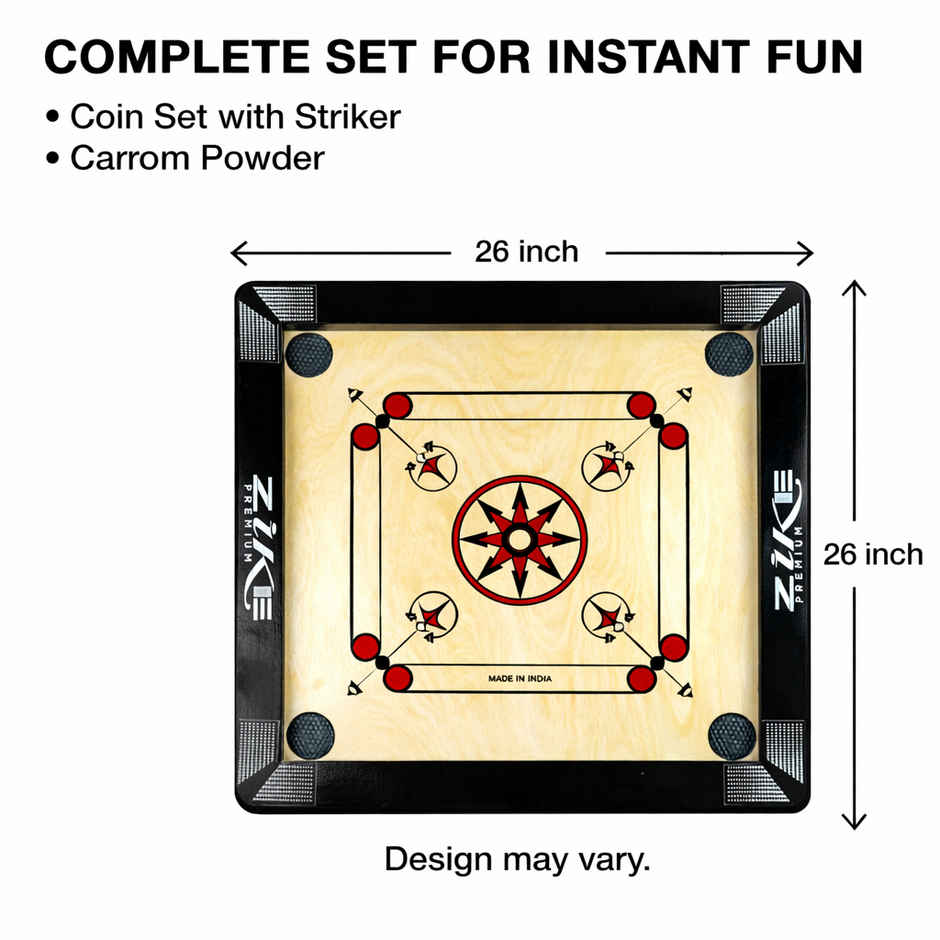 Zike Superior Wood Carrom Board Kit 26 by 26 Inches (Board, 24 Coins, 1 Striker & 1 Powder)