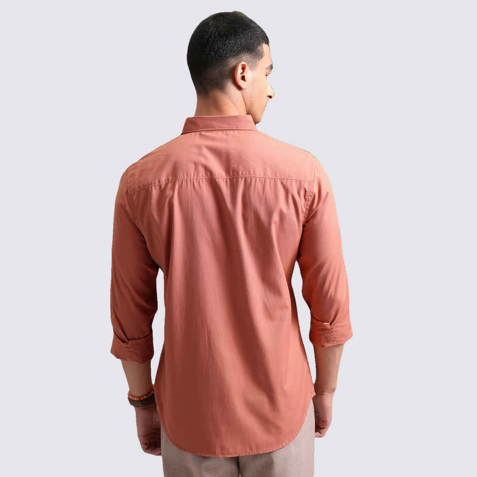 HIGHLANDER Men's Classic Slim Fit Solid Spread Collar Casual Shirt | Orange - M