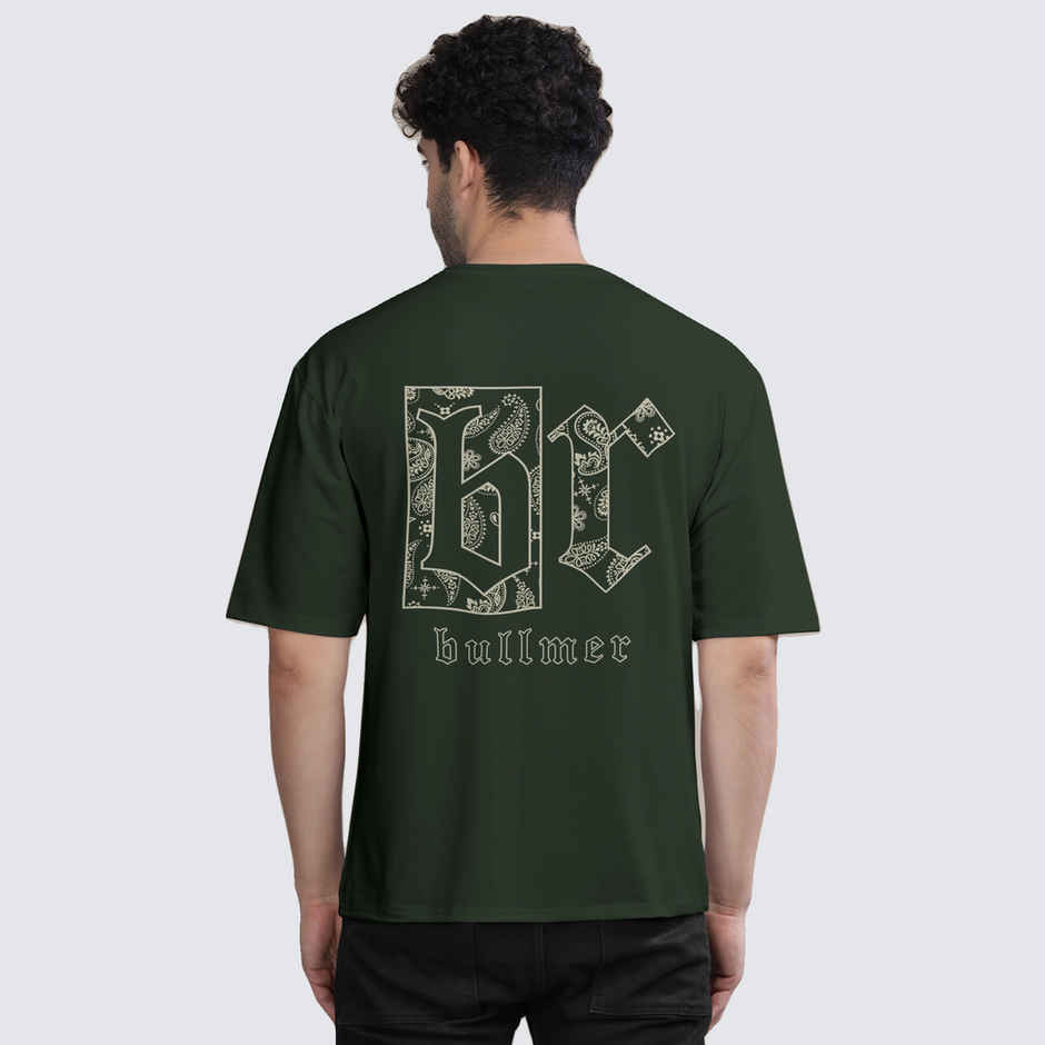 Bullmer Men's Oversized T-shirt Front and Back Printed, Colourblock Baggy | Olive | L