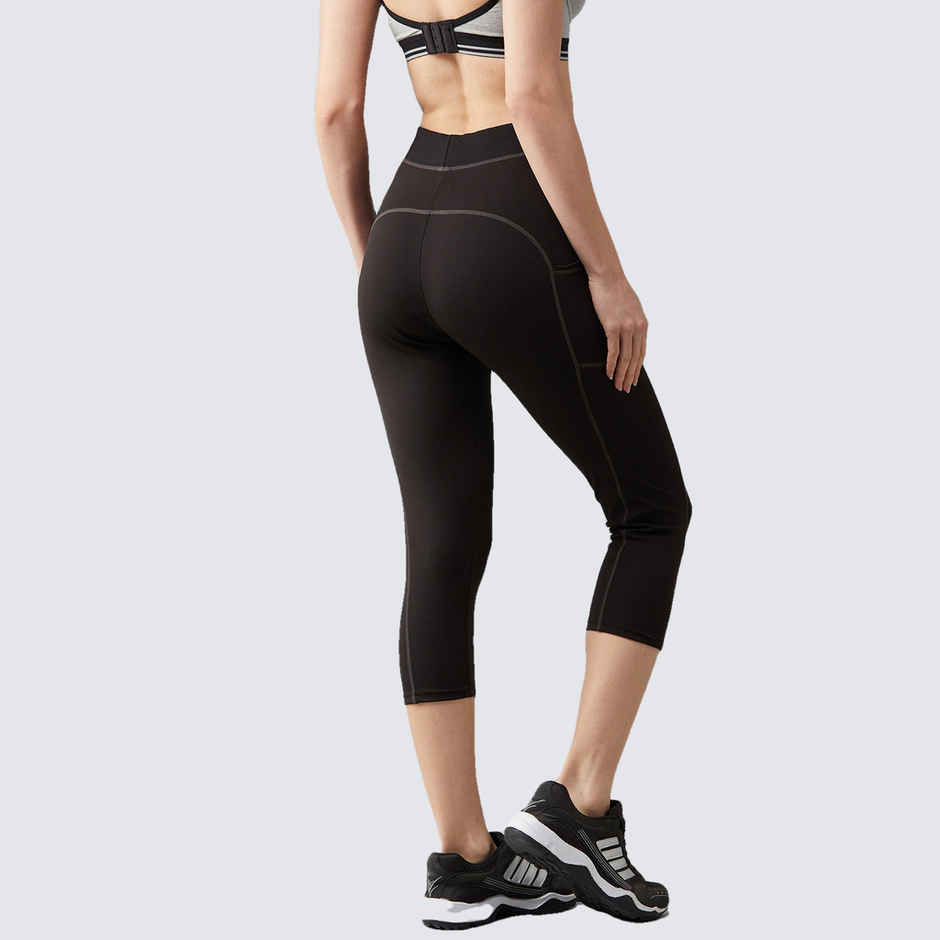 Blinkin Women's 3/4 Gym Tights - Black | Grey | With Side Pockets | Perfect For Yoga | L