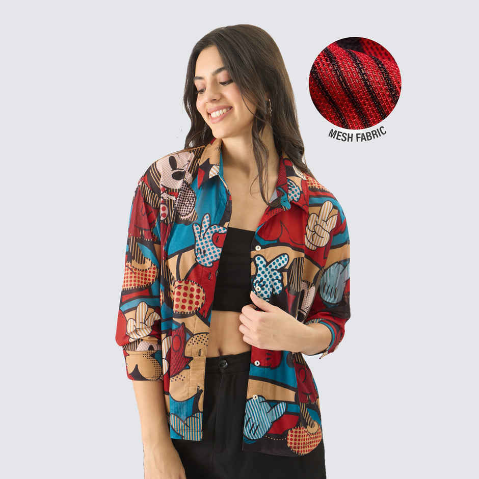 The Souled Store Women's Mesh Shirt Mickey Mouse Abstract Boyfriend Shirt | Multicolor - XL