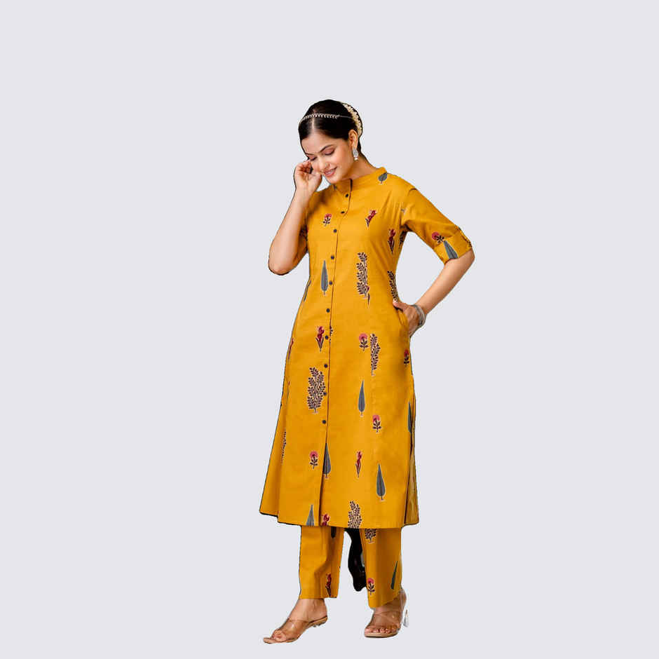 GoSriKi Women's Rayon Blend Straight Printed Kurta with Pant | BARKAT | Yellow - XL