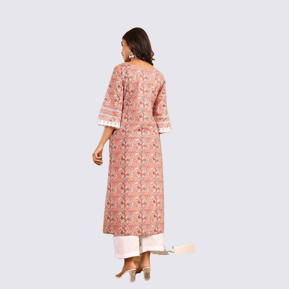 Varanga Women's Ethnic Floral Printed Flared Sleeve Kurta | Peach - M