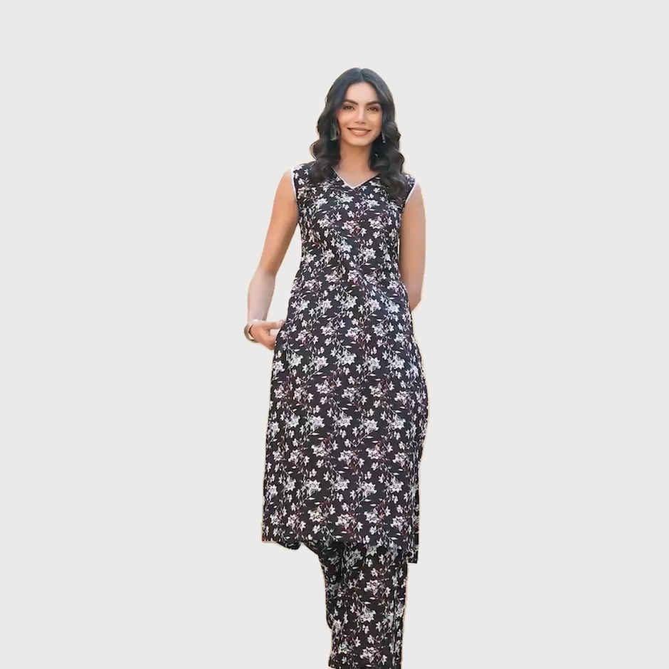 Janasya Women's Black Pure Cotton Floral Printed Kurta with Palazzo | XL