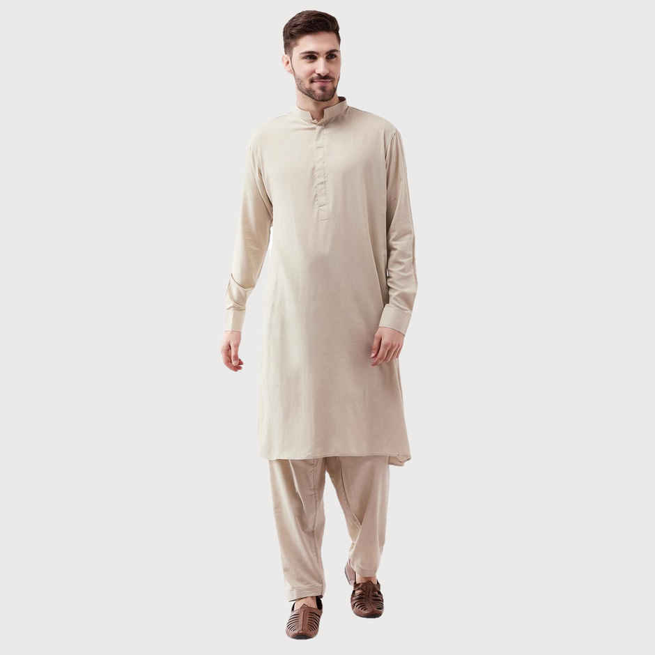 Vastramay Men's Cotton Blend Kurta and Patiala Set | Beige - L