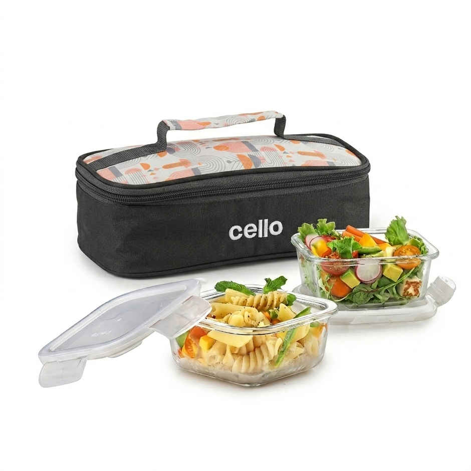 Cello Elegance Glass Lunch Box Set | 320 ml Each | Square Horizontal Design