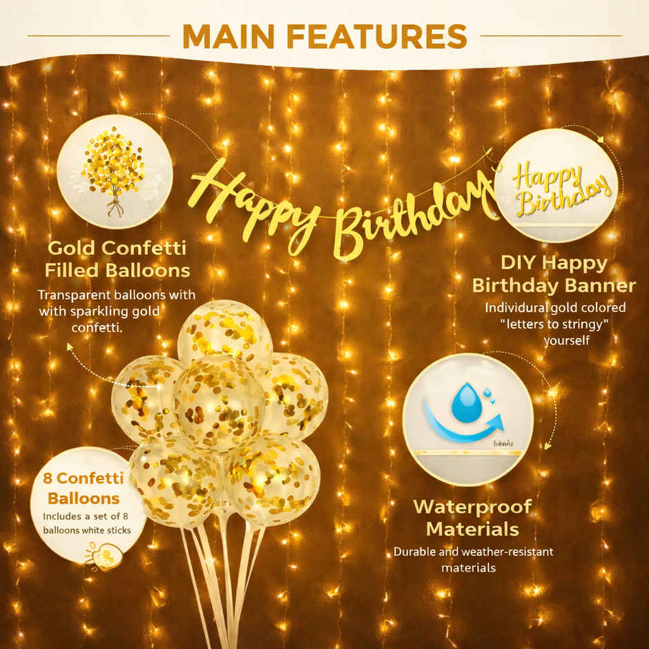 Birthday Decoration Kit Birthday Golden Birthday Banner, Confetti Balloons, Led Lights | BeyondLuv