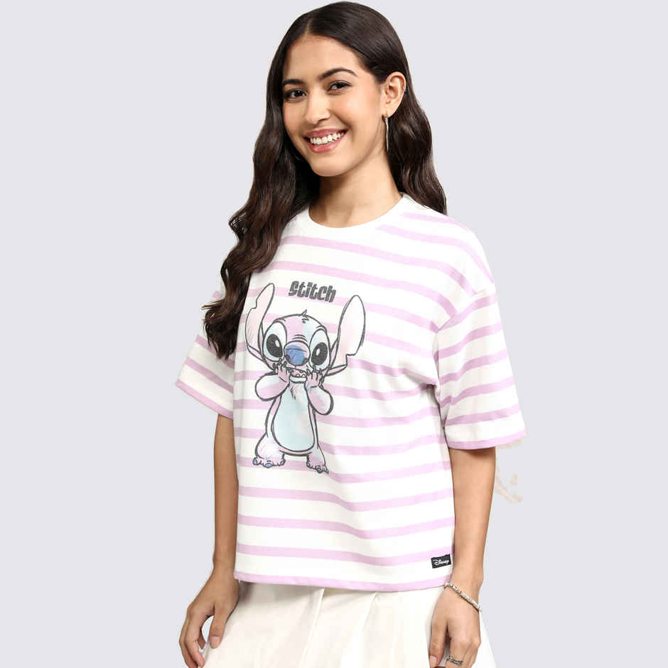 Tokyo Talkies Women's Disney Stitch Striped Relaxed Fit T-shirt | Pink - L