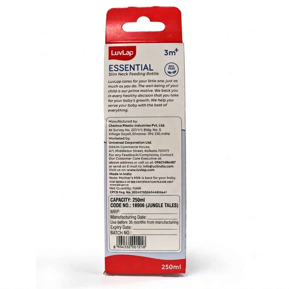LuvLap Baby Essential Slim Neck Feeding Bottle, with Anti Colic Nipple, upto 3 Years, BPA Free
