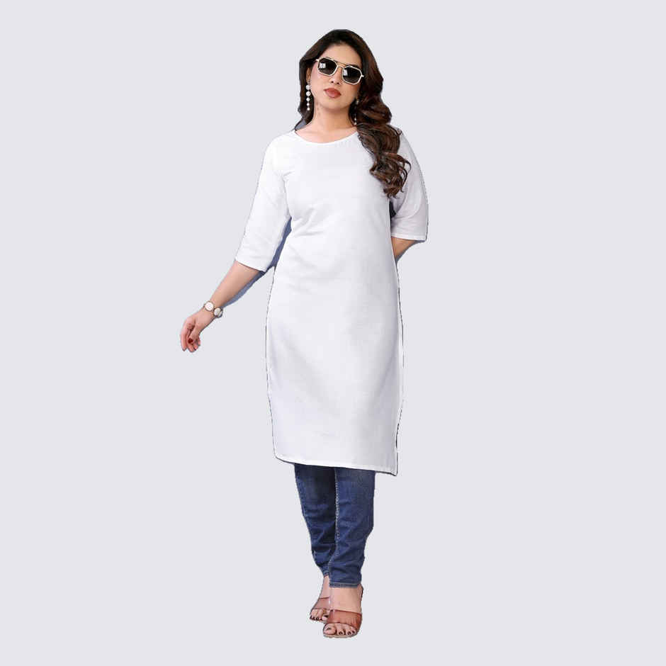 Riglozi White 3/4 Sleeves Cotton Made White Long Round Neck Regular wear Kurti for Women | XXL