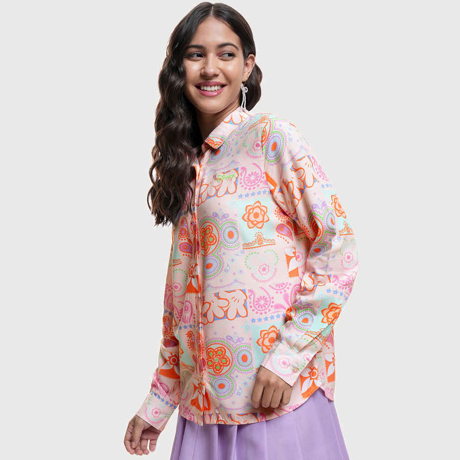 Tokyo Talkies Women's Mickey Printed Long Sleeve Regular Shirt | Peach Multi - M