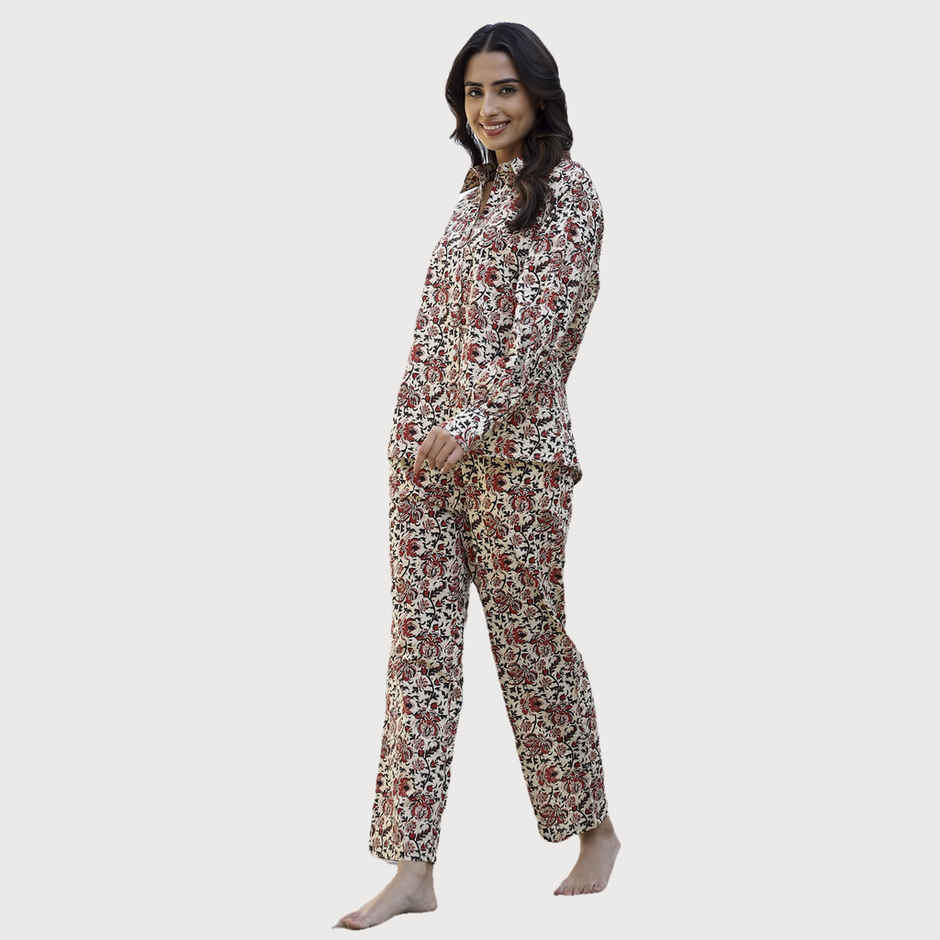 Sanskrutihomes Floral Printed Shirt Collar Pure Cotton Night Suit | Black - Red - White | S