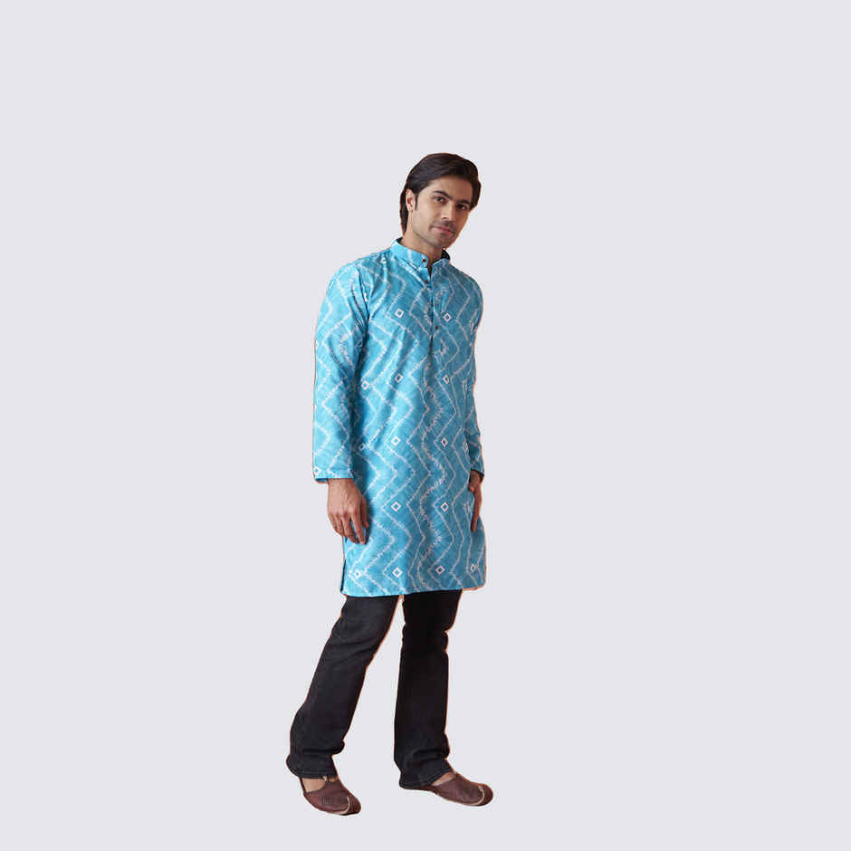 House Of Festivals Men's Printed Cotton Blend Tie & Die Look Long Kurta | Blue - L
