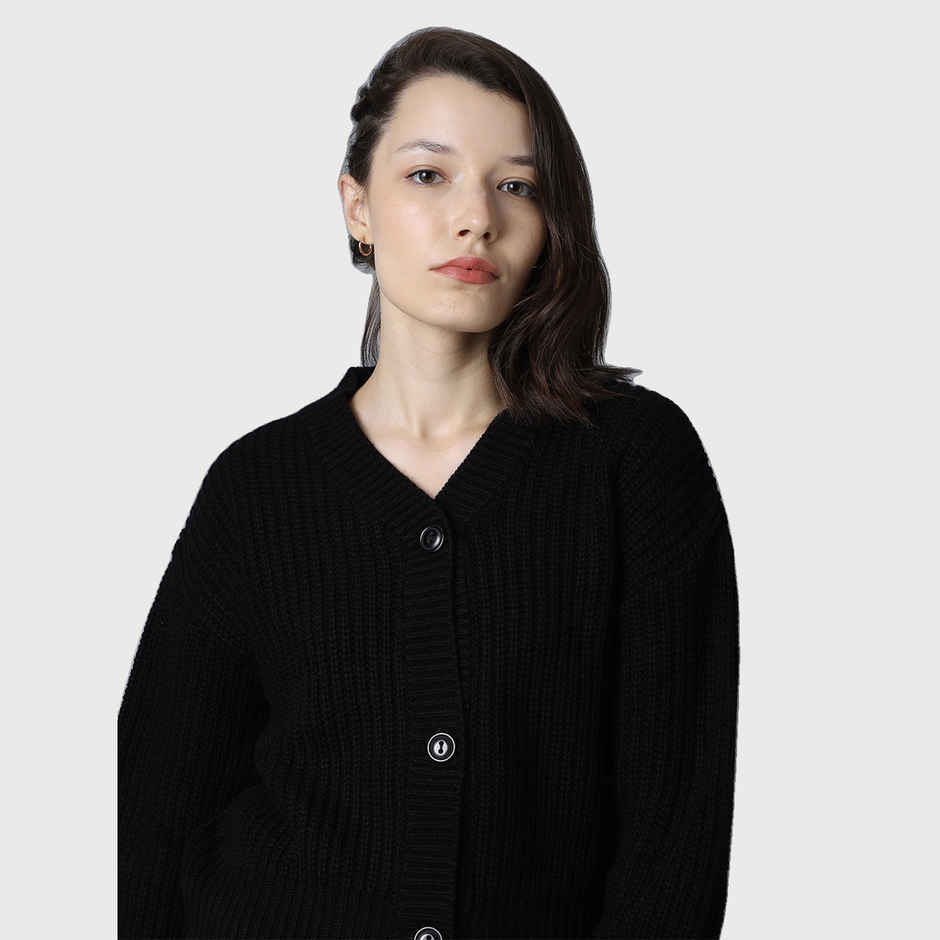 High Star Women's Ribbed Acrylic Cardigan | Black - XL