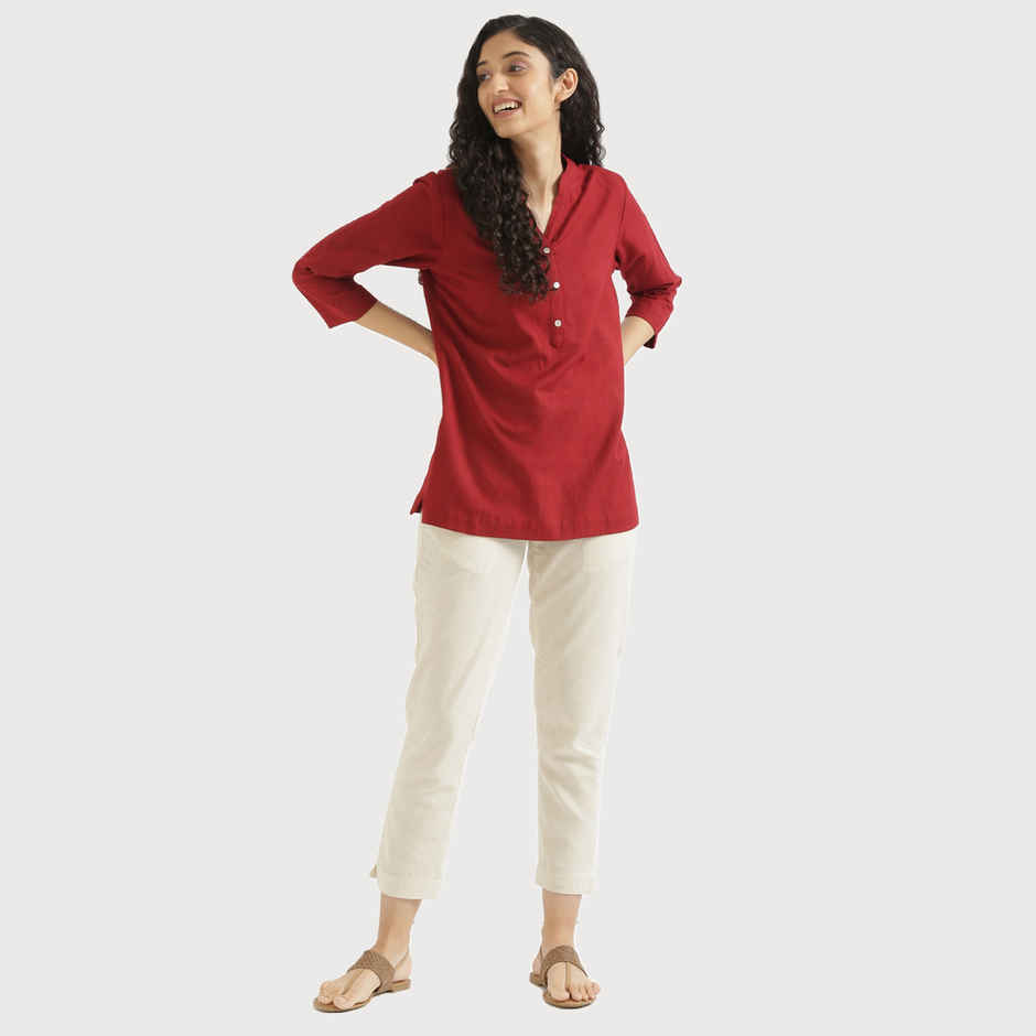Saadaa Women's Short Airy Linen Kurta | Maroon - L
