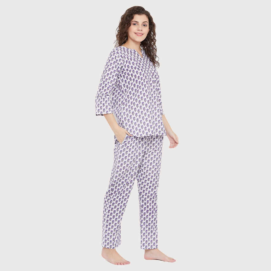 Clovia Pretty Florals Top & Pyjama - 100% Cotton(Blue - L)