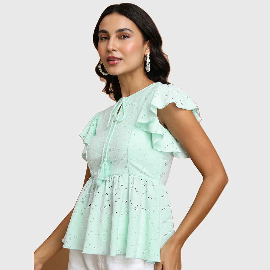 Tokyo Talkies Women's Schiffli Peplum Top with Tie-Up Neck and Flutter Sleeves | Blue - M