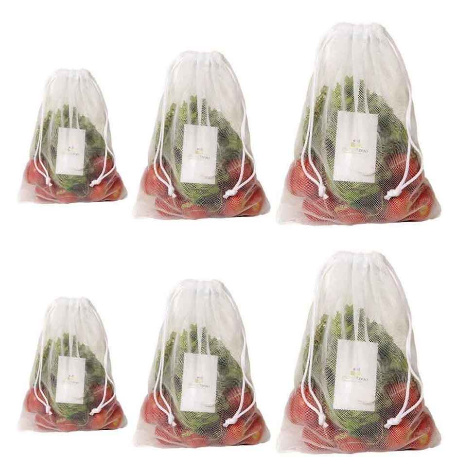 Homestrap Mesh Vegetable Bag With Drawstring - White | Pack of 6