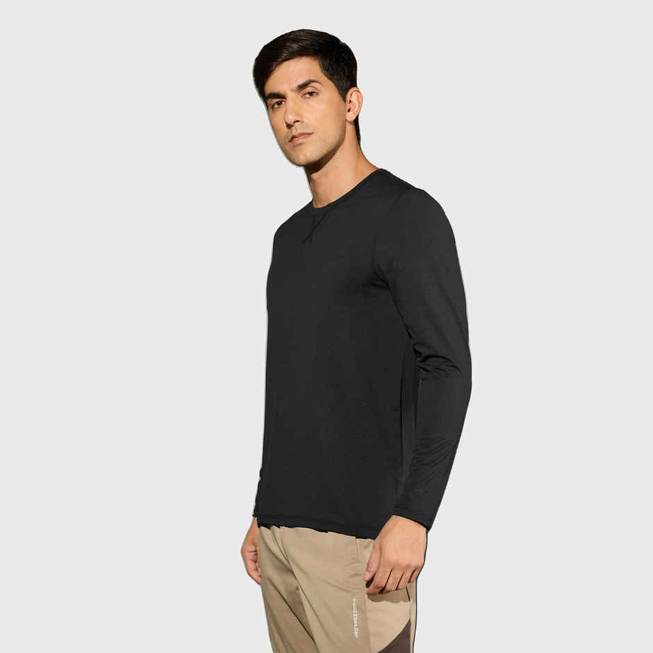 Technosport Men's Poly Solid Slim Fit Round Neck Full Sleeve Sports T-shirt | Black - XL