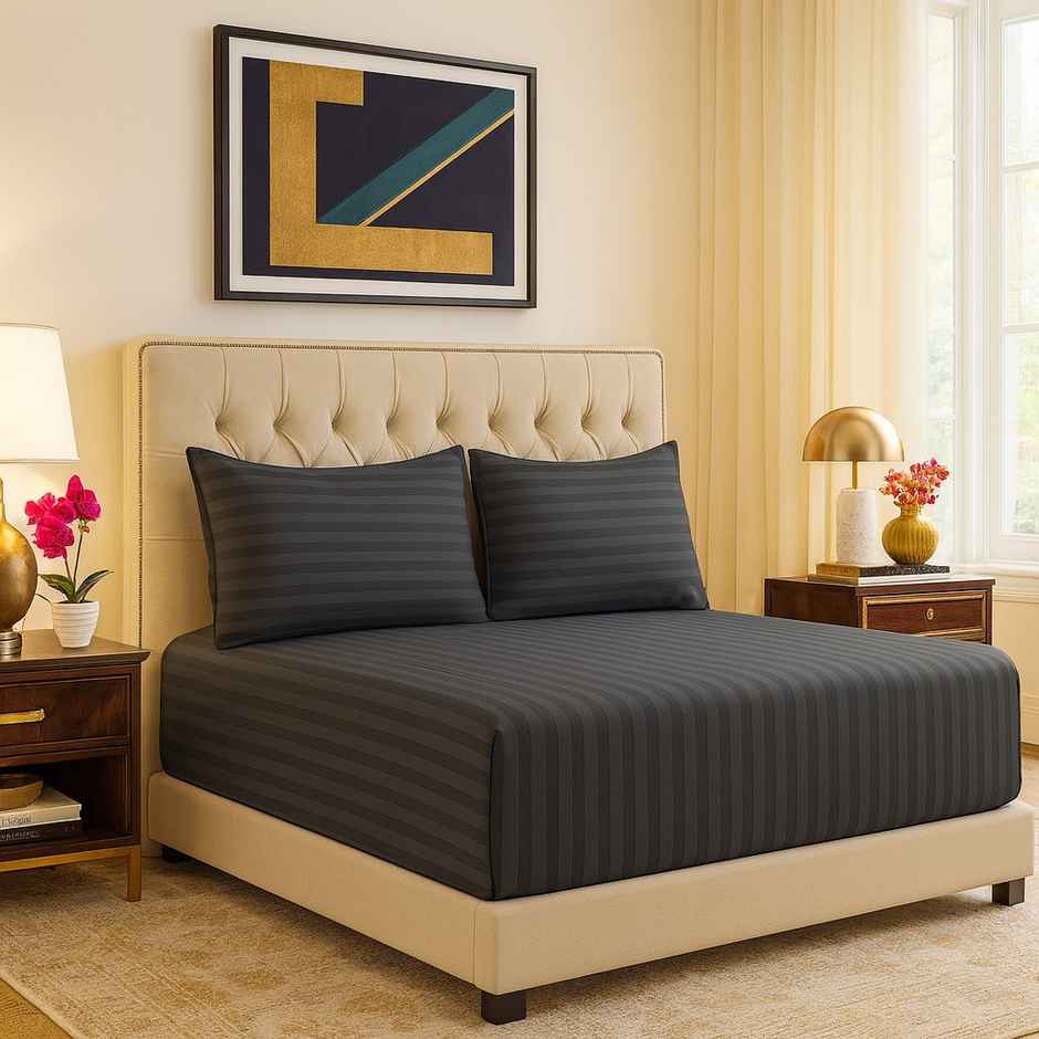 Elegant Weavers Striped Double Bedsheet | With 2 Pillow Covers | Grey | 94 x 87 in