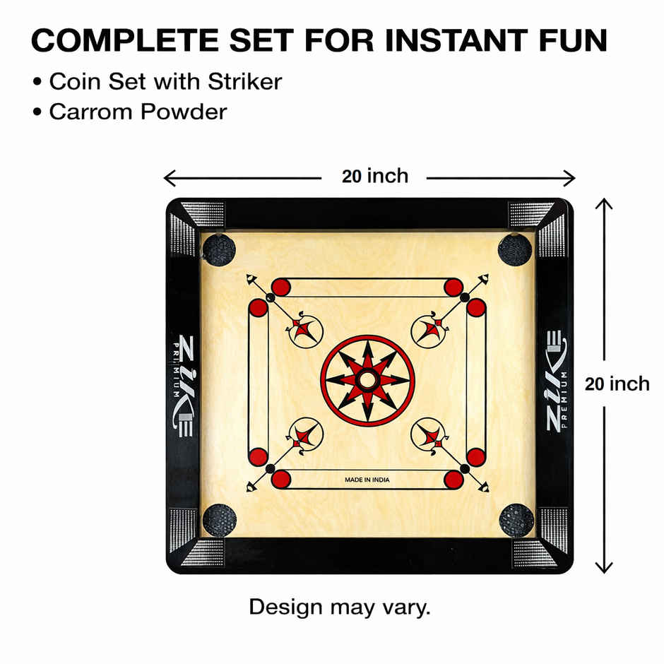 Zike Premium Wood Carrom Board Kit for kids 20 by 20 inches (Board, 24 Coins, 1 Striker & 1 Powder)