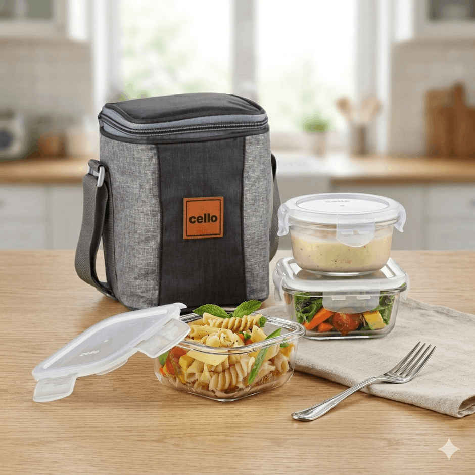 Cello Glassy Mix Lunch Box | Microwavable Borosilicate Glass | 2 x 320 ml and 240 ml | Clear