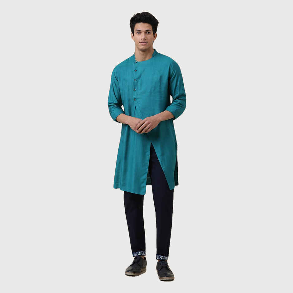 Fabindia Men's Long Kurta Slim Fit | Teal - M