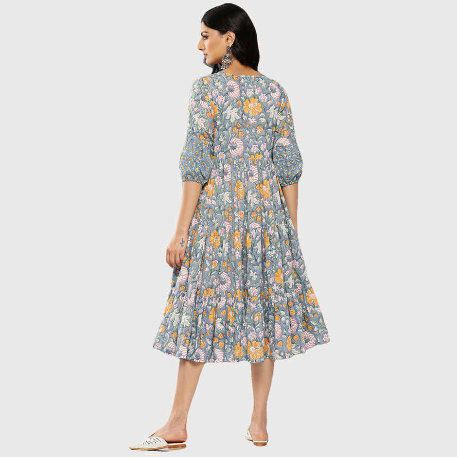 Libas Women Blue Cotton Floral Fit And Flare Midi Dress - 26335S