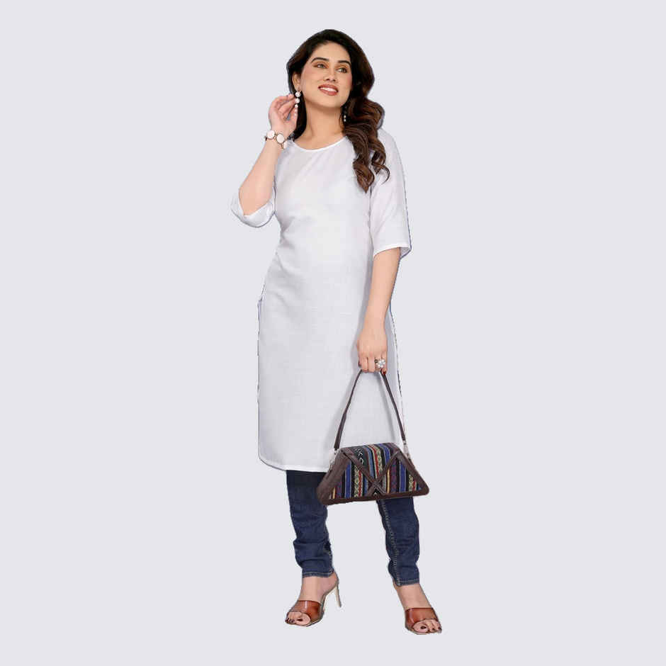 Riglozi White 3/4 Sleeves Cotton Made White Long Round Neck Regular wear Kurti for Women | XXL